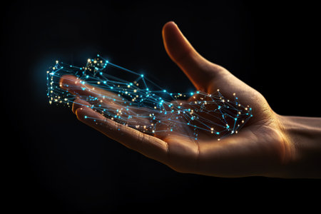 Close up of hand holding digital circuit on dark background. 3D renderingの素材