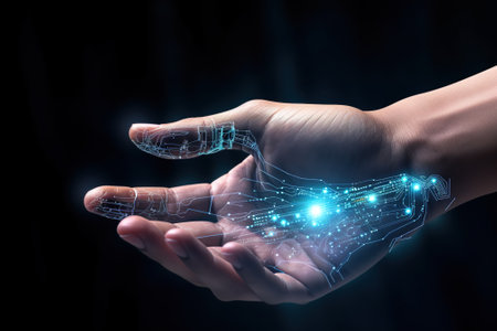 Man hand holding digital blue hologram in palm on dark background 3D renderingの素材