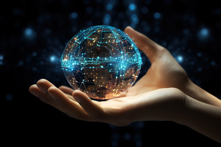 Close up of female hand holding digital globe on dark background. 3D renderingの素材