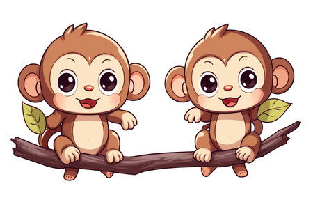 Cute monkey and monkey sitting on a branch. Vector illustration.の素材
