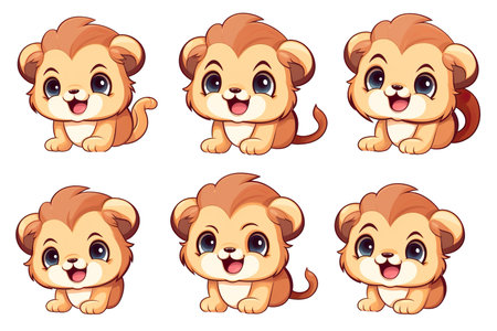 Cute lion cartoon set. Vector illustration isolated on white background.の素材