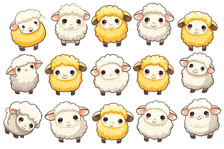 Sheep cartoon character set with different expression on white background illustration.の素材