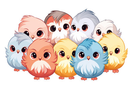 Group of cute birds isolated on white background. Vector cartoon illustration.の素材