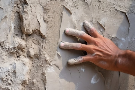 hand of worker plastering wall with putty knife at construction siteの素材
