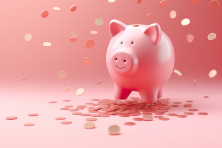 Piggy bank with confetti on pink background. 3D renderingの素材