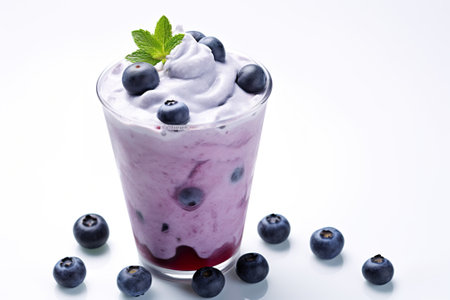 Blueberry smoothie with fresh berries on white background, close upの素材