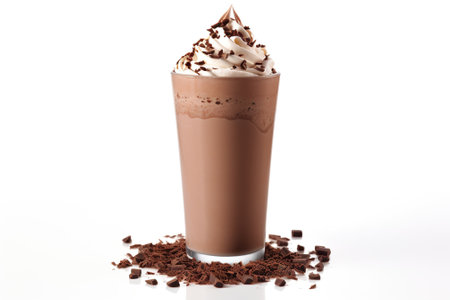 chocolate milkshake with whipped cream and chocolate chips on white backgroundの素材