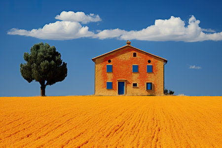 Lonely house in a field of wheat, Tuscany, Italyの素材