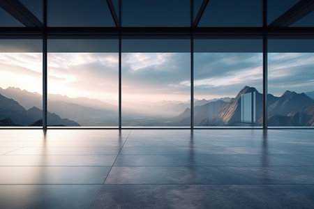 empty room with panoramic window and mountains in the background, 3d renderの素材