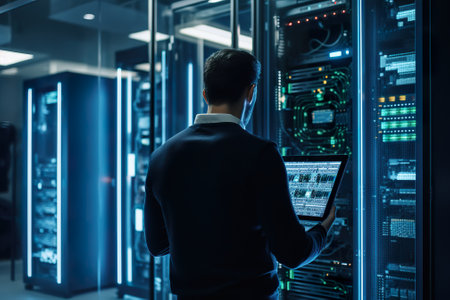 Rear view of young businessman using laptop while standing in server roomの素材