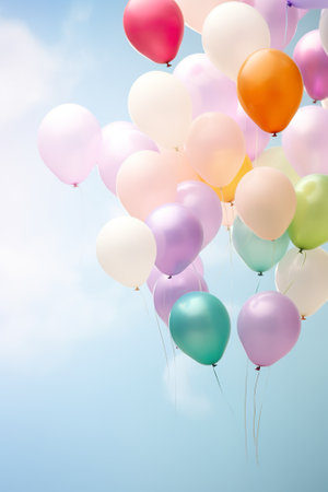 Colorful balloons flying in the blue sky with copy space for your textの素材