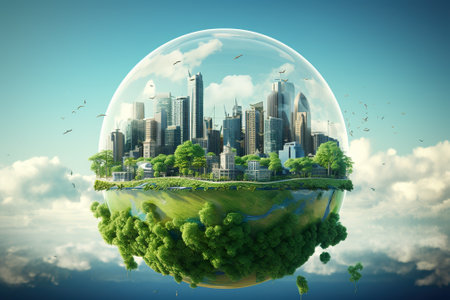 Ecology concept. City in a bubble. Elements of this image furnished by NASAの素材