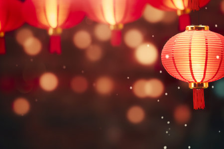 Red paper lanterns on bokeh background,Chinese new yearの素材