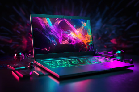 Laptop with colorful lights on the background. 3d rendering.の素材