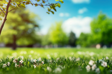 Spring background with green grass and blooming flowers, shallow depth of fieldの素材