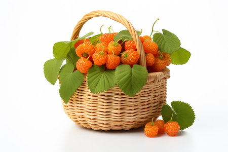 basket with fresh cloudberries on a white background, close-upの素材