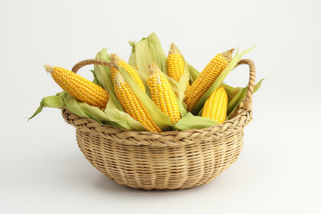 Fresh corn in a basket on a white background, close-upの素材