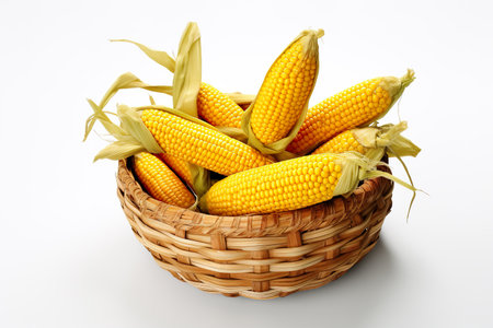 Ripe corn in a wicker basket on a white background.の素材