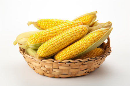 Fresh corn on the cob in a wicker basket on white backgroundの素材