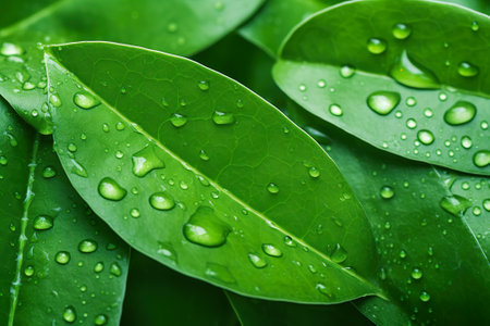 Water drops on green leaves. Nature background. Shallow DOFの素材