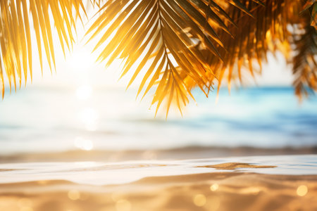 Beautiful tropical nature with palm leaf around beach sea ocean at sunset or sunrise time for travel and vacationの素材