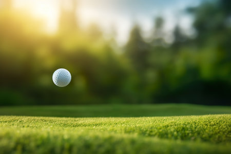 Golf ball on green grass ready to be shot into the holeの素材