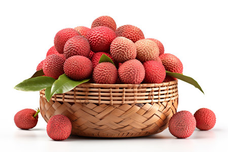 Fresh lychees in a basket isolated on a white background.の素材