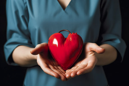 Female hands holding a red heart on a black background. Concept of love and health.の素材