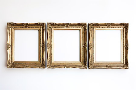 Three golden frames on white background. Copy space. Vintage style.の素材