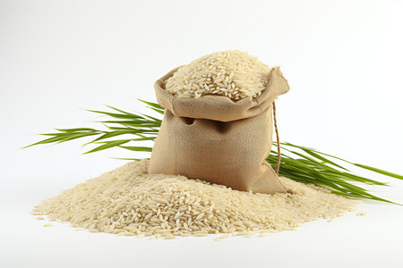Jasmine rice in burlap bag and green grass on white backgroundの素材