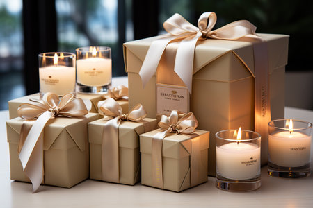 Gift boxes with candles on a table in a room with a windowの素材