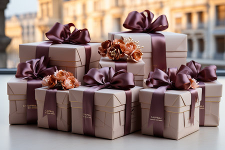 Gift boxes with satin bows on the table in the cityの素材