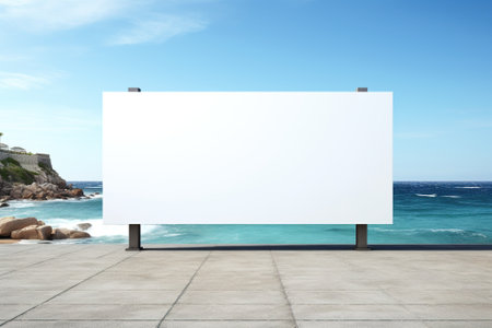 Blank billboard on the beach with sea and blue sky background.の素材