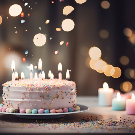 Birthday cake with burning candles on wooden table over bokeh backgroundの素材