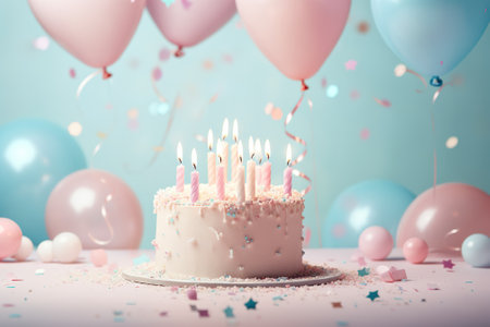 Birthday cake with burning candles and confetti on pastel backgroundの素材