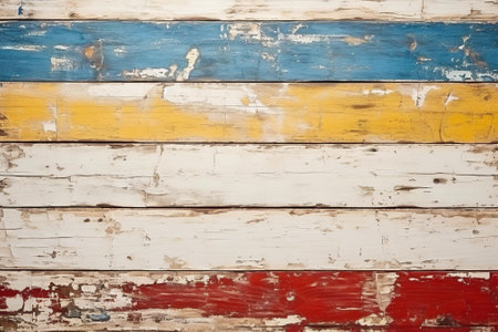 Old painted wood wall - texture or background. Blue, red and yellow colors.の素材