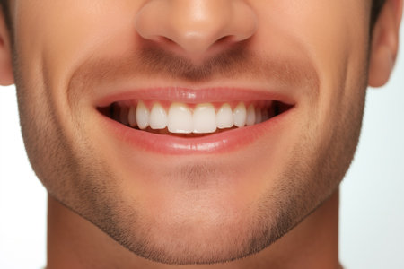 Close-up of young man with healthy teeth, isolated on whiteの素材