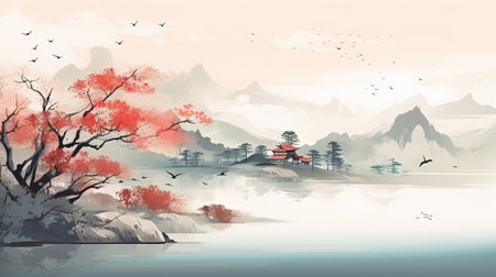 japanese landscape in watercolor painting style, vector art illustrationの素材