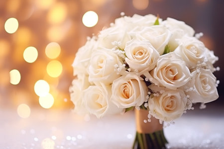 Wedding bouquet of white roses on bokeh backgroundの素材