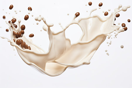 close up of  a milk splash and chocolate chips on white backgroundの素材