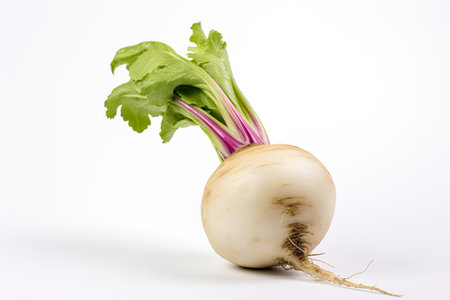 Fresh turnip with green leaves isolated on white background. Studio shot.の素材