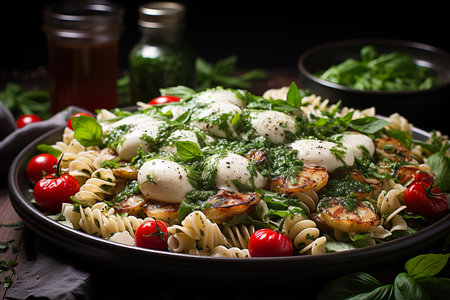 Fusilli pasta with mozzarella, cherry tomatoes and basilの素材
