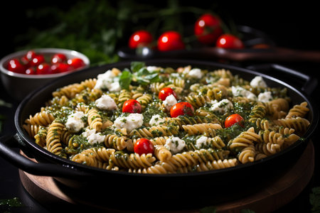 Fusilli pasta with pesto sauce and cherry tomatoes on black backgroundの素材