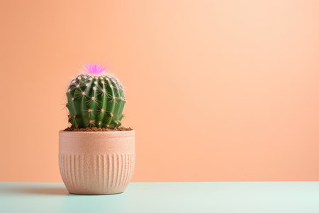 Cactus in pot on table and pastel background. Copy spaceの素材