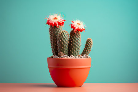 Cactus in a pot on a blue background. 3d renderingの素材