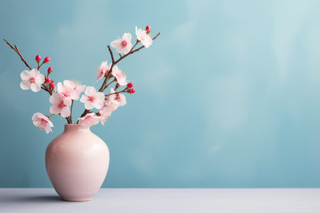 Cherry blossom in vase on blue background with copy spaceの素材