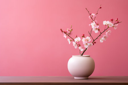 Cherry blossom in vase on wooden table over pink backgroundの素材