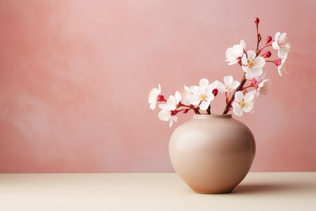 Cherry blossom in vase on pastel pink background.の素材