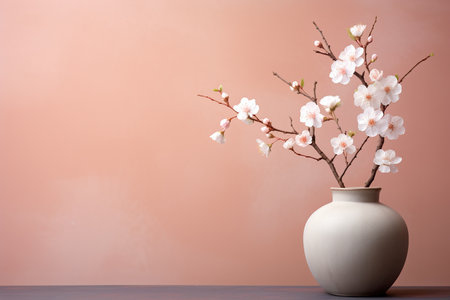 Cherry blossom branch in vase on wooden table with copy spaceの素材
