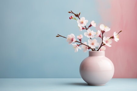 Cherry blossom branches in vase on blue background with copy spaceの素材